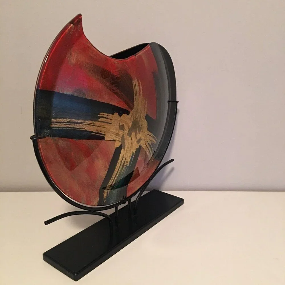 Hand-Painted Abstract Glass Decorative Vase With Stand